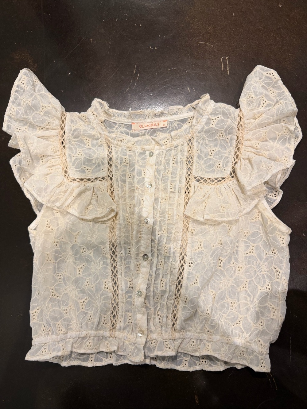 Olivaceous Cream Eyelet Ruffle Button-Up Blouse